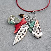 Украшения handmade. Livemaster - original item Pendant with shells on a leather cord, shells coral chrysoprase pearl. Handmade.