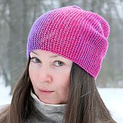 Тёплая шапка-бини (шерсть 100%, цвет Сирень в цвету)