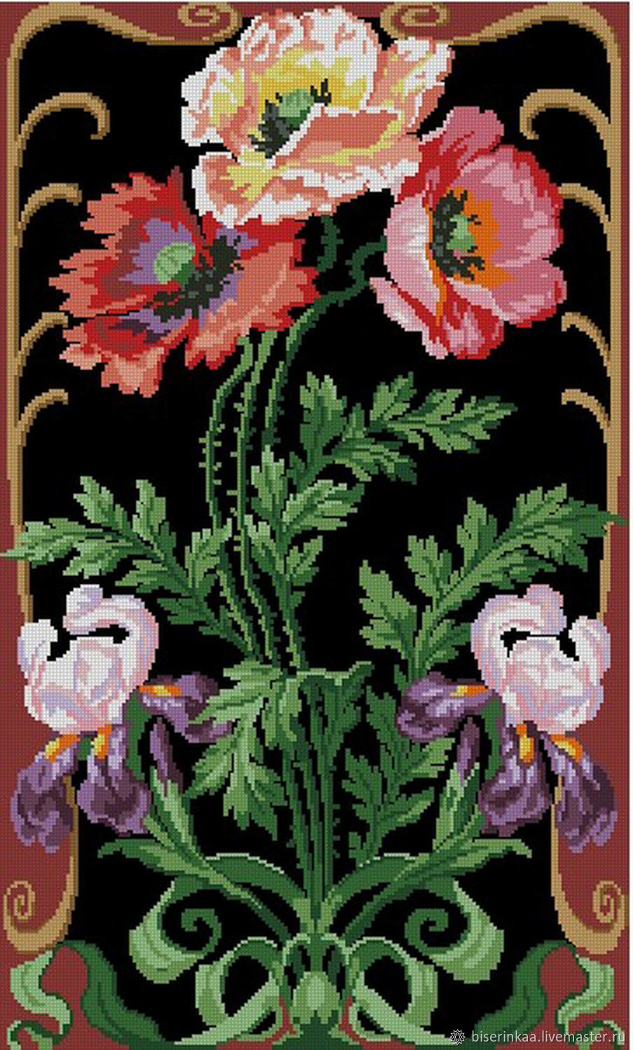 An old scheme of cross-stitch Poppies and irises, Patterns for embroidery, Taganrog,  Фото №1