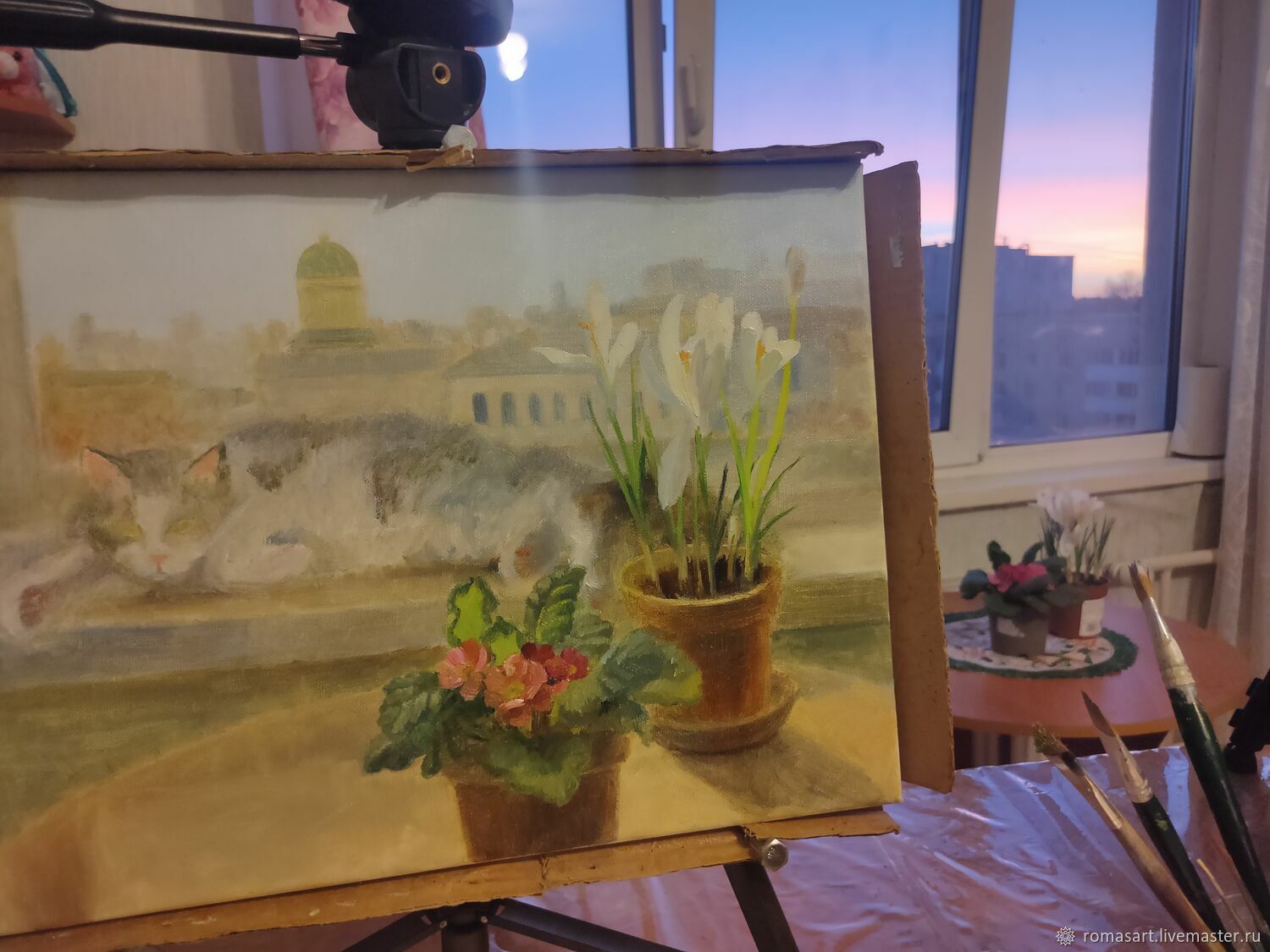 Картина Ленивое утро. Окна Питера. Кот, примула, крокусы, подснежники в ...