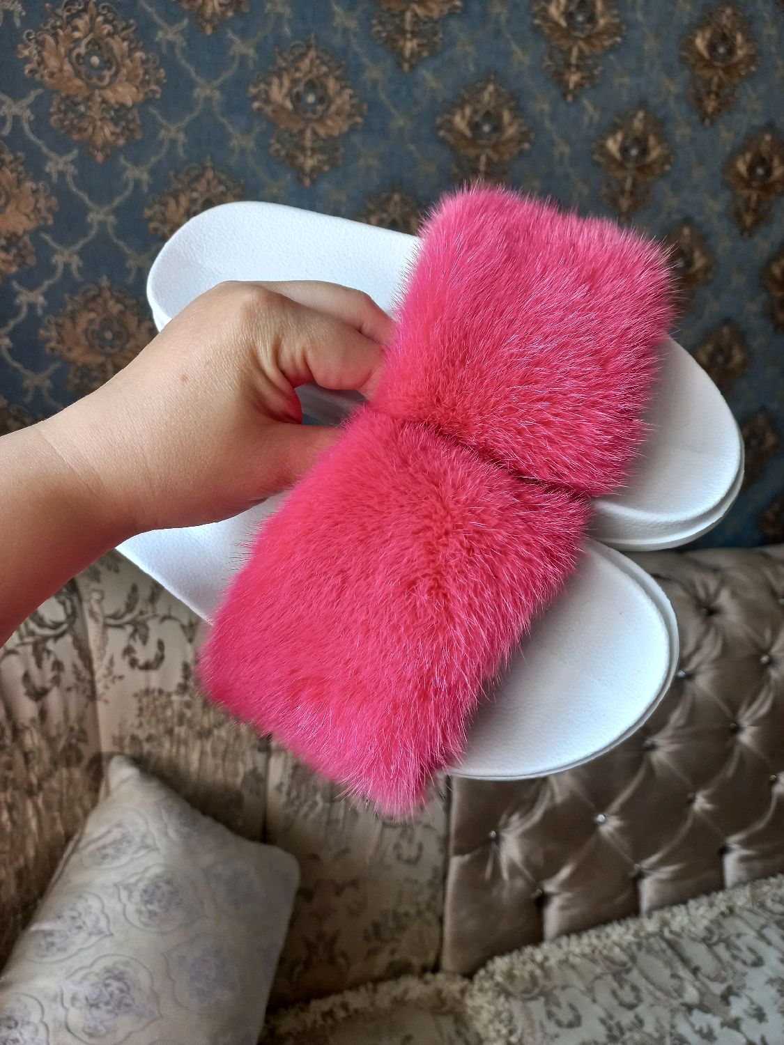 Шлепанцы норковые, тапочки с натуральным мехом норки розовый цвет в ...