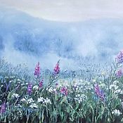 Картина маслом Стог сена Пейзаж Зеленый луг Поляна с цветами