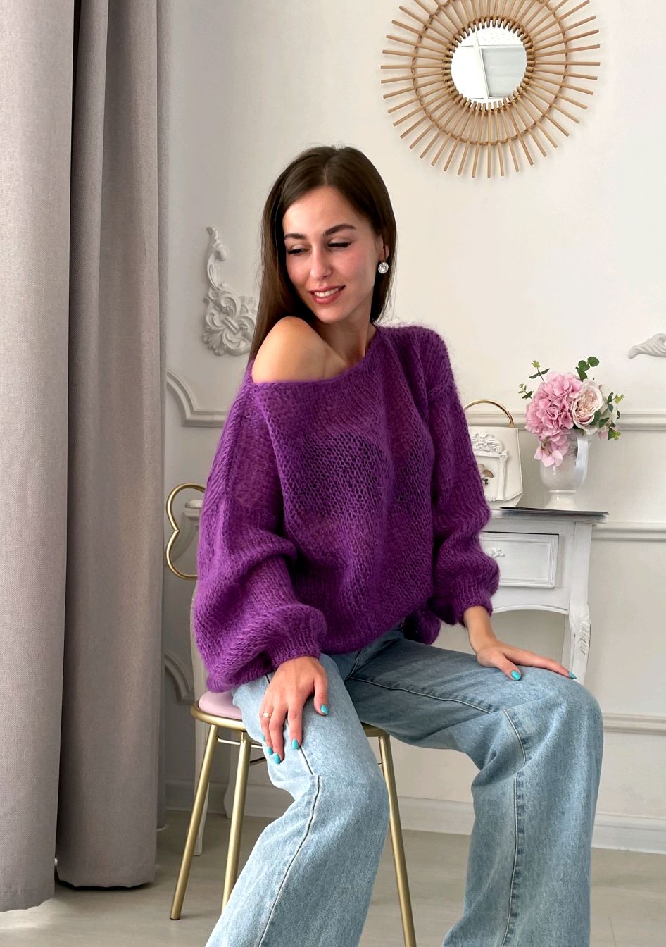 Джемпер женский вязаный из мохера и шерсти легкий фиолетовый пуловер винтернет-магазине Ярмарка Мастеров по цене 6500 ₽ – SSG3KRU