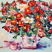 Картины и панно handmade. Livemaster - original item Painting still life with flowers and coffee 