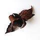 Flower leather brooch Orchid "Arkaim" toup dark brown. Stick pin. De-Si-Re. My Livemaster. Фото №4