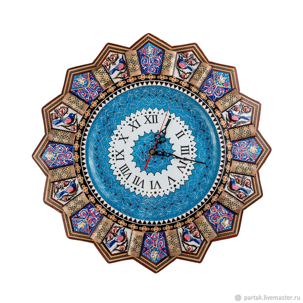 Часы Большие с птичками (Минакари и Хатамкари) на голубом циферблате в ...
