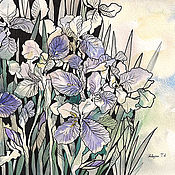 Painting watercolor with irises and birds Kinglet blue irises
