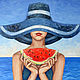 Oil painting of a girl in a hat with a watermelon on the sea TO ORDER, Pictures, Astrakhan,  Фото №1