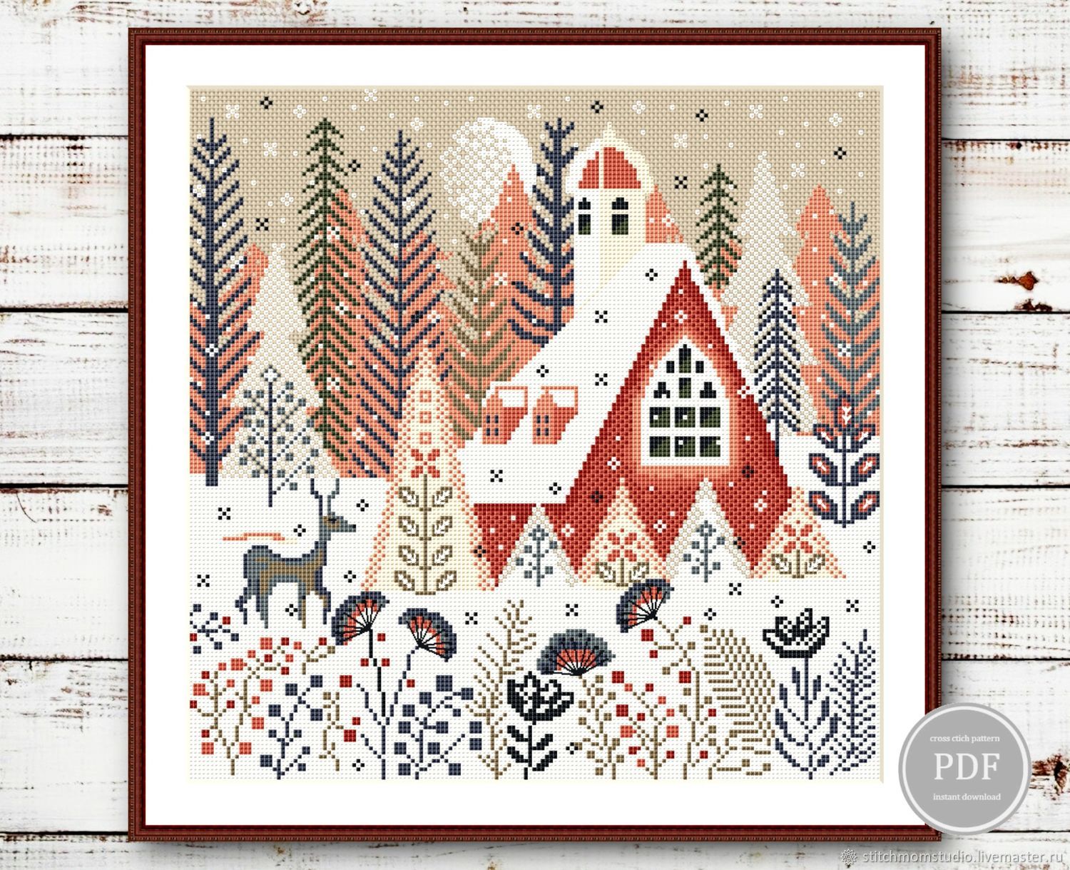 Бесплатная схема вышивки крестом «Дом в зимнем лесу»