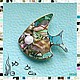 Brooch, `Fish` ARIEL - Alena - Moscow MOSAIC Brooch with malachite Brooch with turquoise Brooch with mother of pearl Brooch - Mosaic from natural stones Author brooch handmade
