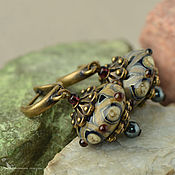 Earrings with fringe burgundy lampwork copper glass Murano keys