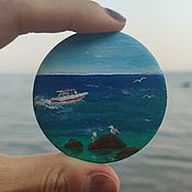 Украшения handmade. Livemaster - original item Brooch Boat in the sea. Miniature painting on canvas. Seascape. Handmade.