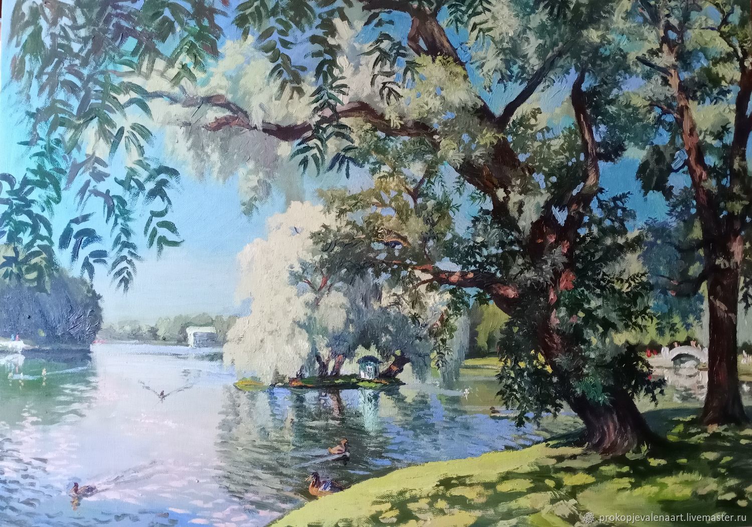 Картина живопись реализм холст масло Парк с лебедями. г. Гатчина в ...